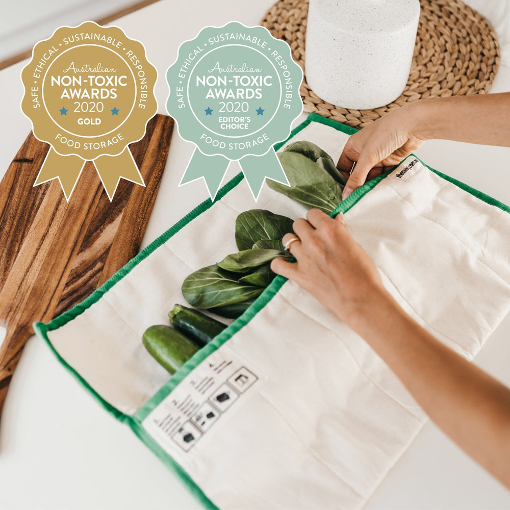 
                      
                        The Swag gold and silver award logo from the Non-Toxic Awards for The Swag reusable produce bags for the fridge plus featuring the long green Swag- The Swag AU
                      
                    