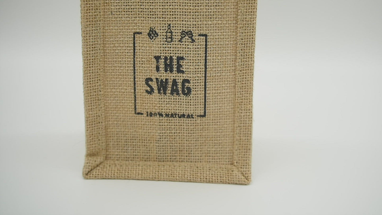A video of The Swag wine carry bag made from hessian with lovely bamboo handles and The Swag logo - The Swag AU