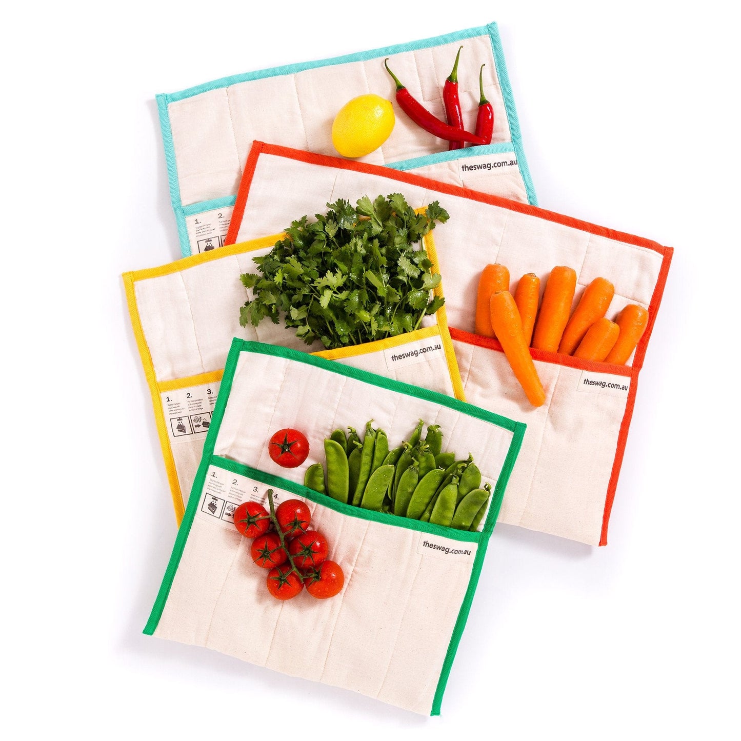 The Swag 100% natural, reusable produce bags for the fridge. Featuring four bags contained in each starter pack - The Swag AU