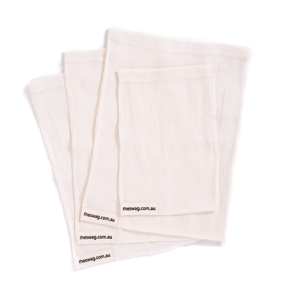 
                      
                        Picture showing all four bags contained in the 100% natural and lightweight reusable Swag produce bag set that are used to replace plastic bags at the point of purchase - The Swag AU
                      
                    