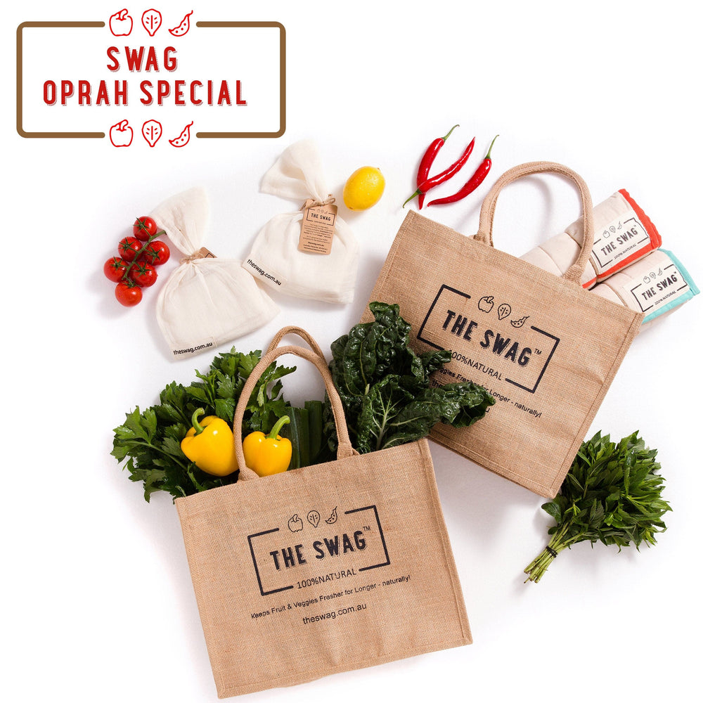 
                      
                        The Plastic-Free Shopping Bundle showing all six items laid out with fresh produce in and around them plus the Oprah logo - The Swag AU
                      
                    