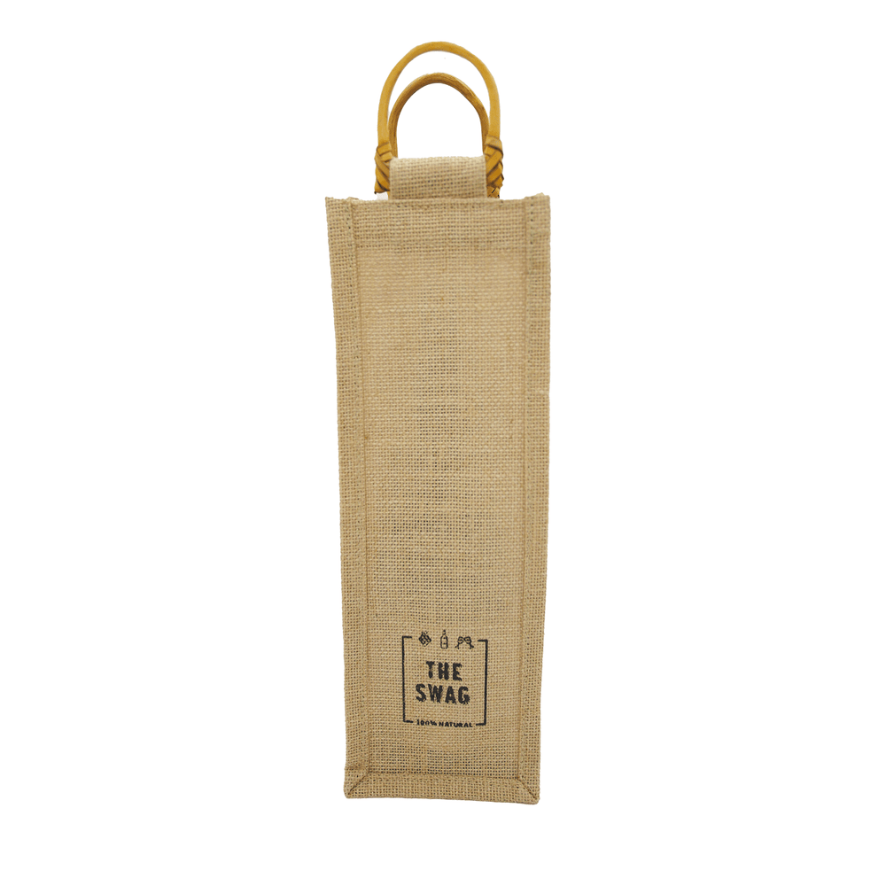 
                      
                        The Swag wine carry bag made from hessian with lovely bamboo handles and The Swag logo - The Swag AU
                      
                    