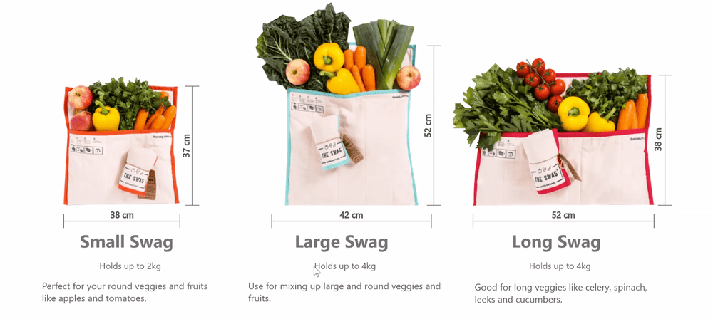 The Swag - three sizes of Swags laid out flat and showing the dimensions of each Swag and how much they hold - The Swag AU
