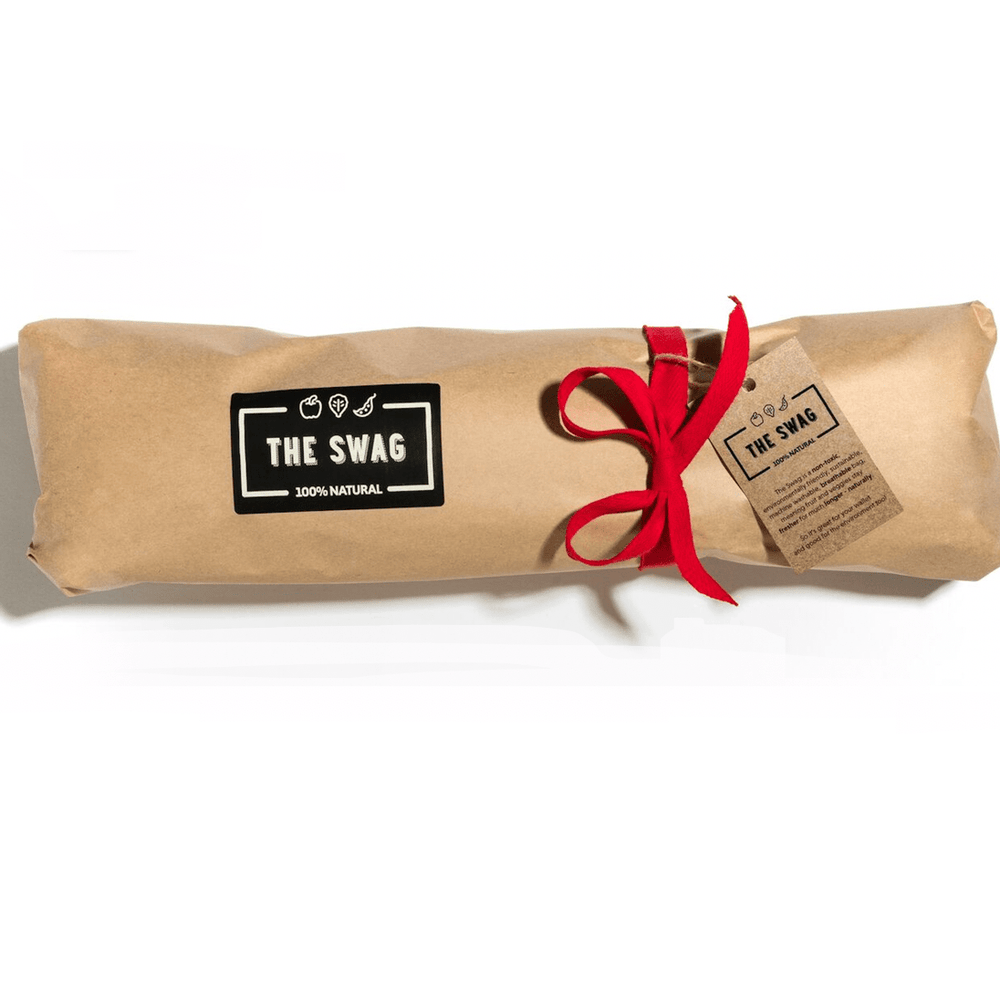 The Swag starter pack gift wrapped in brown paper, tied with a bow in red ribbon and The Swag logo plus a Swag gift card - The Swag AU