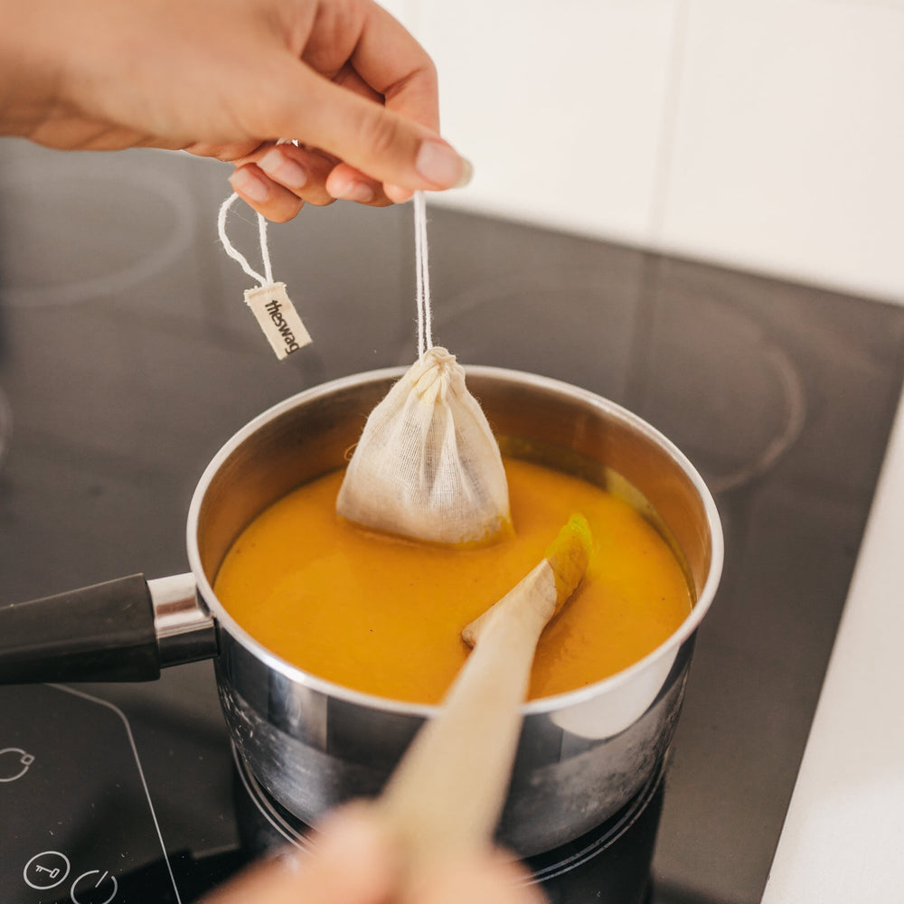 
                      
                        100% natural and reusable tea bag being used in a pot of pumpkin soup as a bouquet garni- The Swag AU
                      
                    